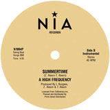 Beige vinyl record label for nia records with black text and star logo on high frequency summertime 12 vinyl