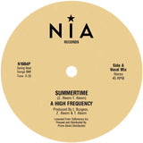 Beige vinyl record label for nia records with black text and star logo on a high frequency summertime 12 vinyl