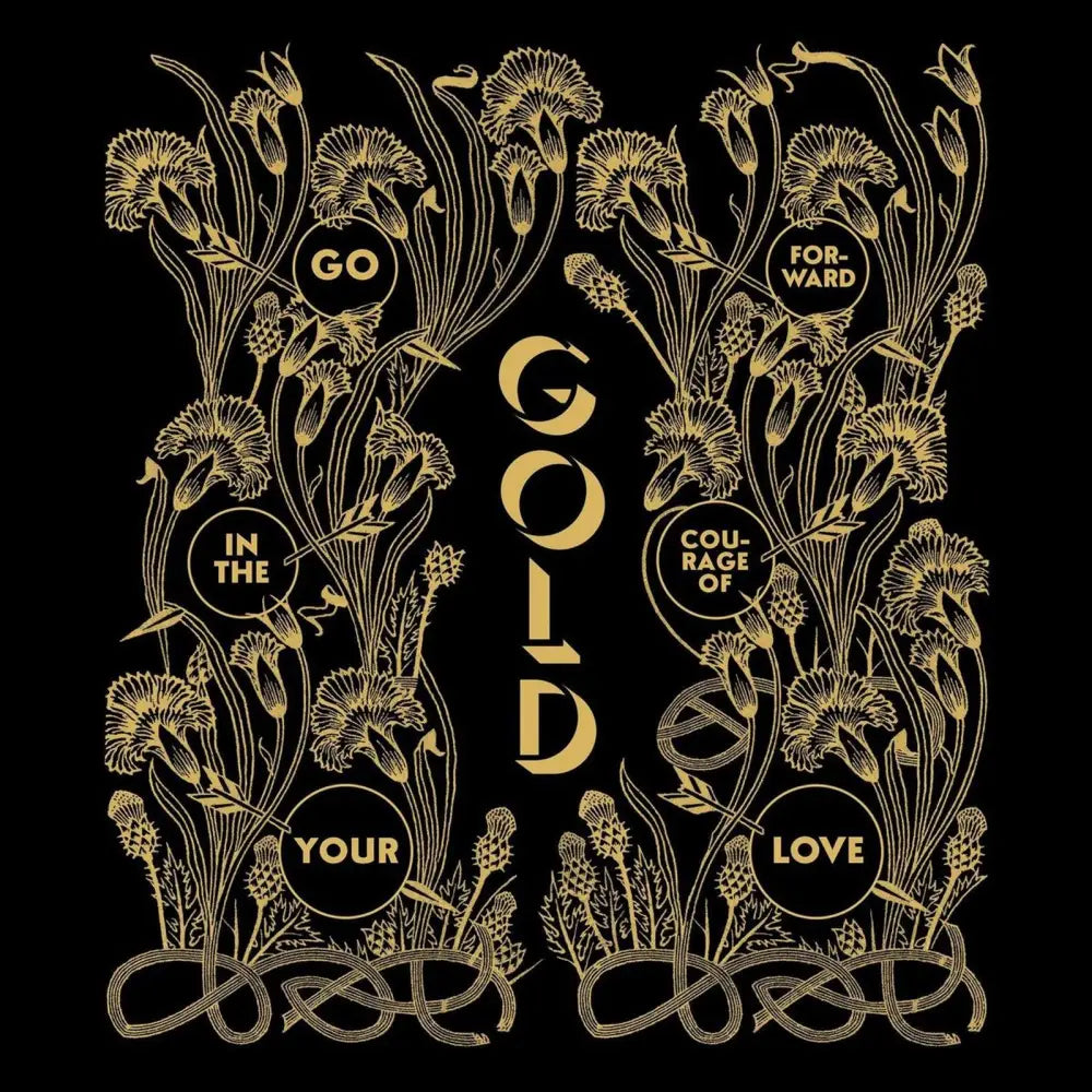 A gold and black floral illustration with an inspiring quote.