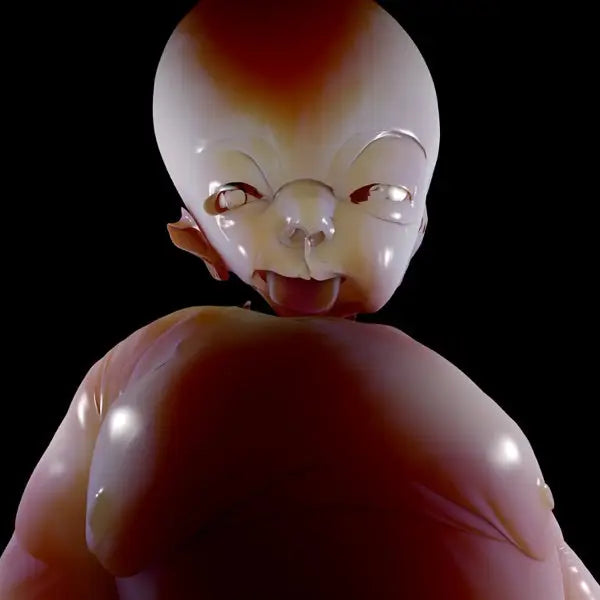 A translucent, flesh-toned, doll-like figure with a disproportionately large head and a small, open mouth.