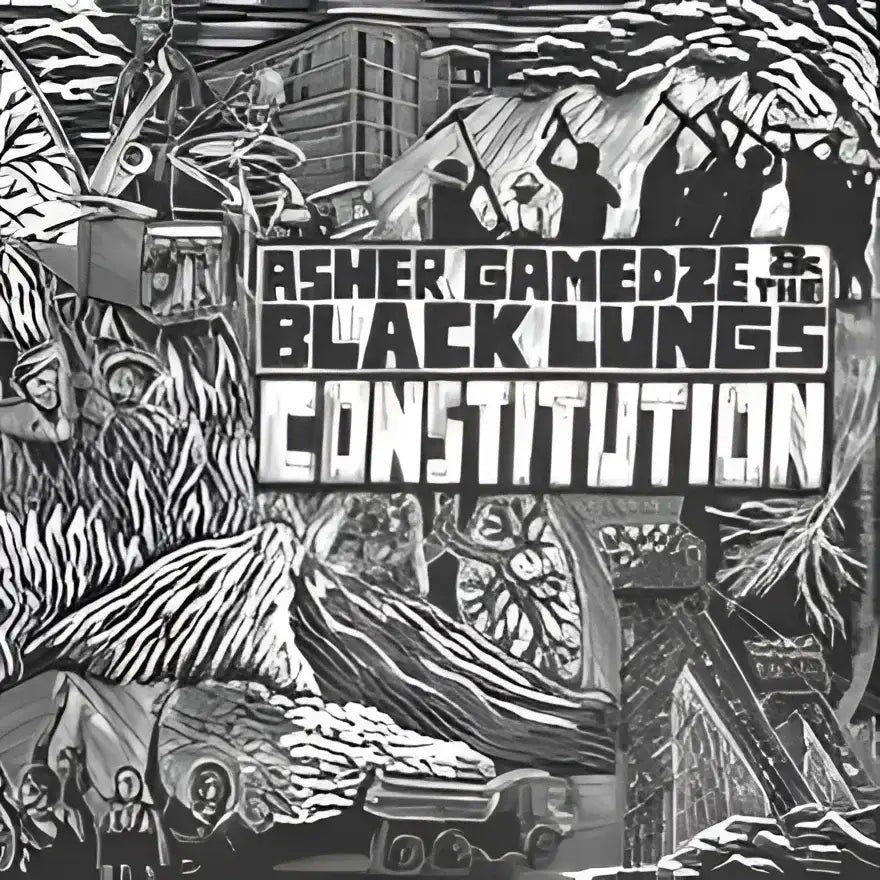 A black and white album cover with a detailed, woodcut-style illustration and bold text.
