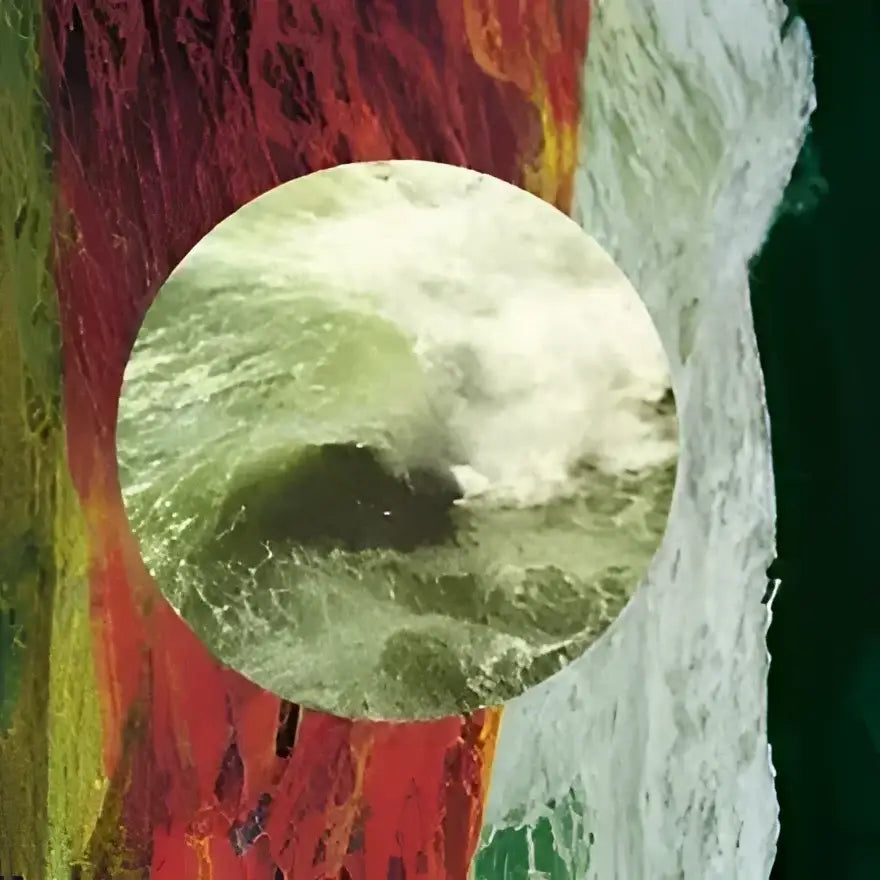 Abstract album cover with a circular image of crashing waves over a textured, colorful background.