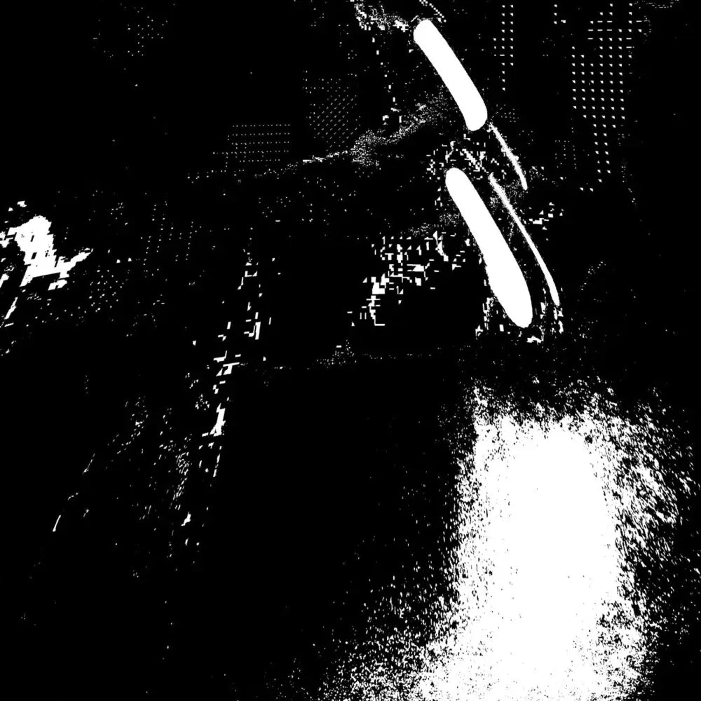 Abstract black and white textured pattern with two prominent white strokes.