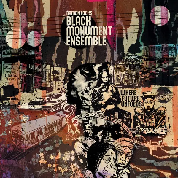 A graphic album cover with an abstract, collage-like design featuring faces, cityscapes, and a train.