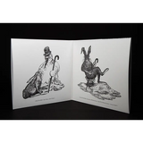 An open book displaying two black and white illustrations of anthropomorphic rabbits with canes.