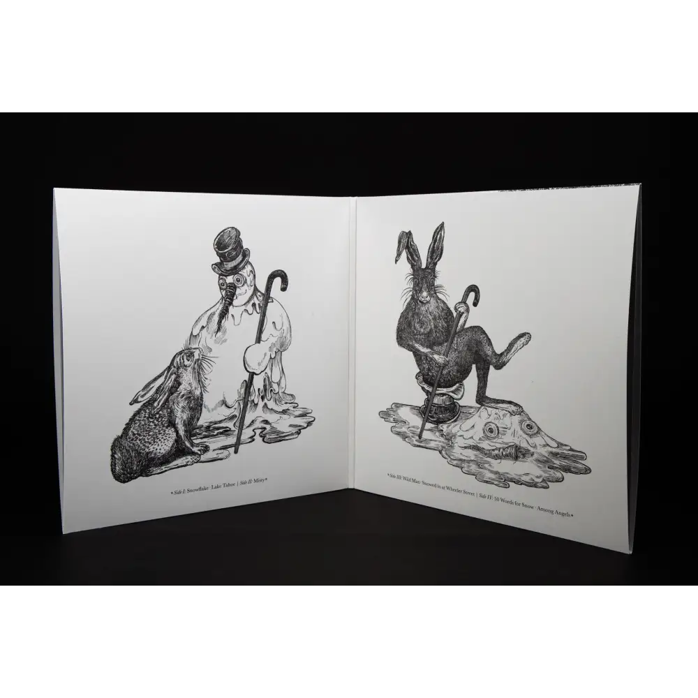 An open book displaying two black and white illustrations of anthropomorphic rabbits with canes.