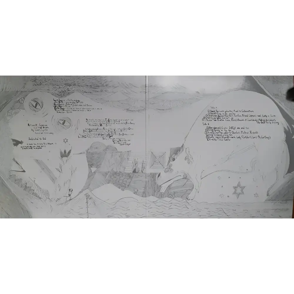 An illustrated album gatefold with handwritten tracklists and credits.