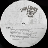A white vinyl record label with gray illustrations and track listing for ’Liam Lyons Paddy In The Van’.