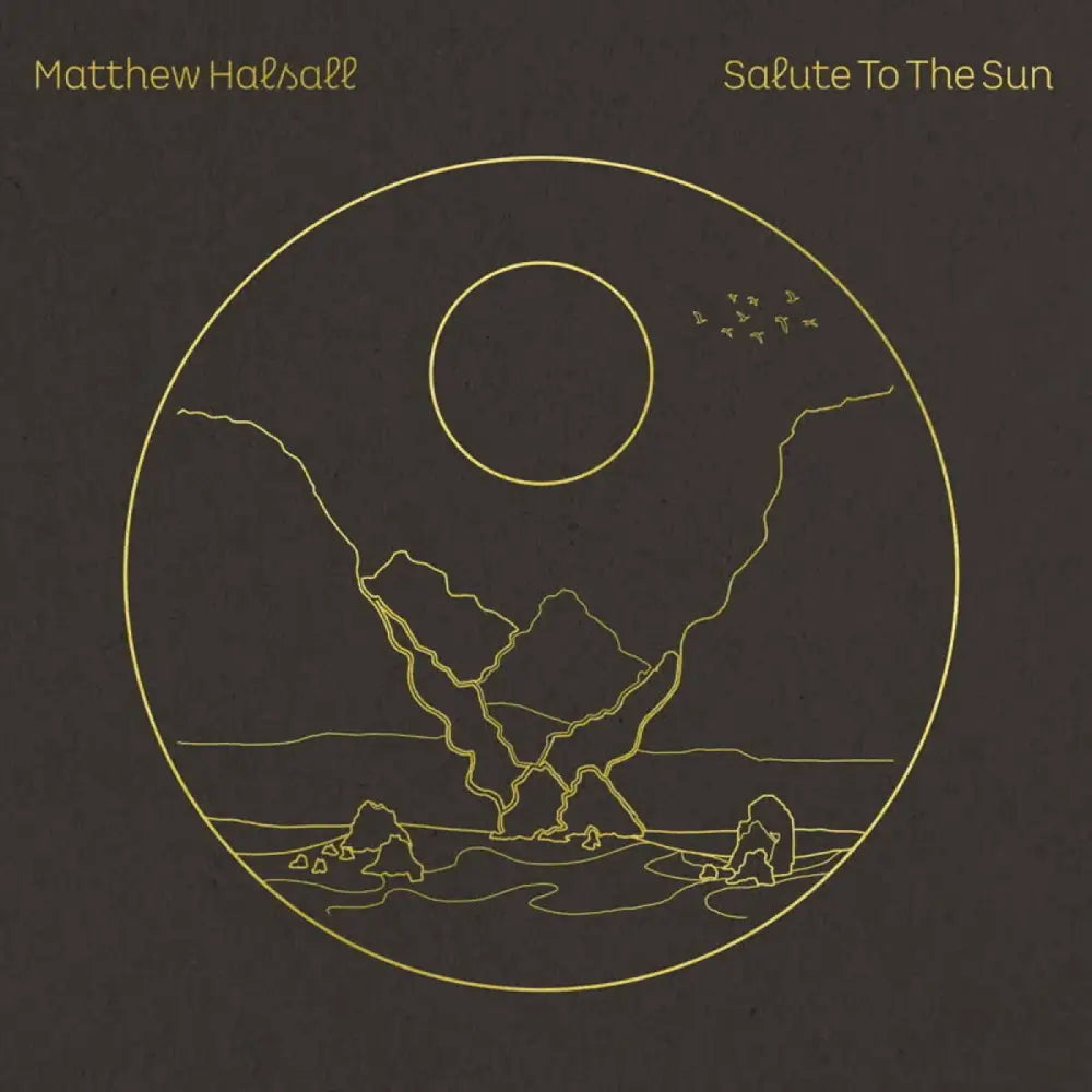 Dark album cover with a gold line art landscape.