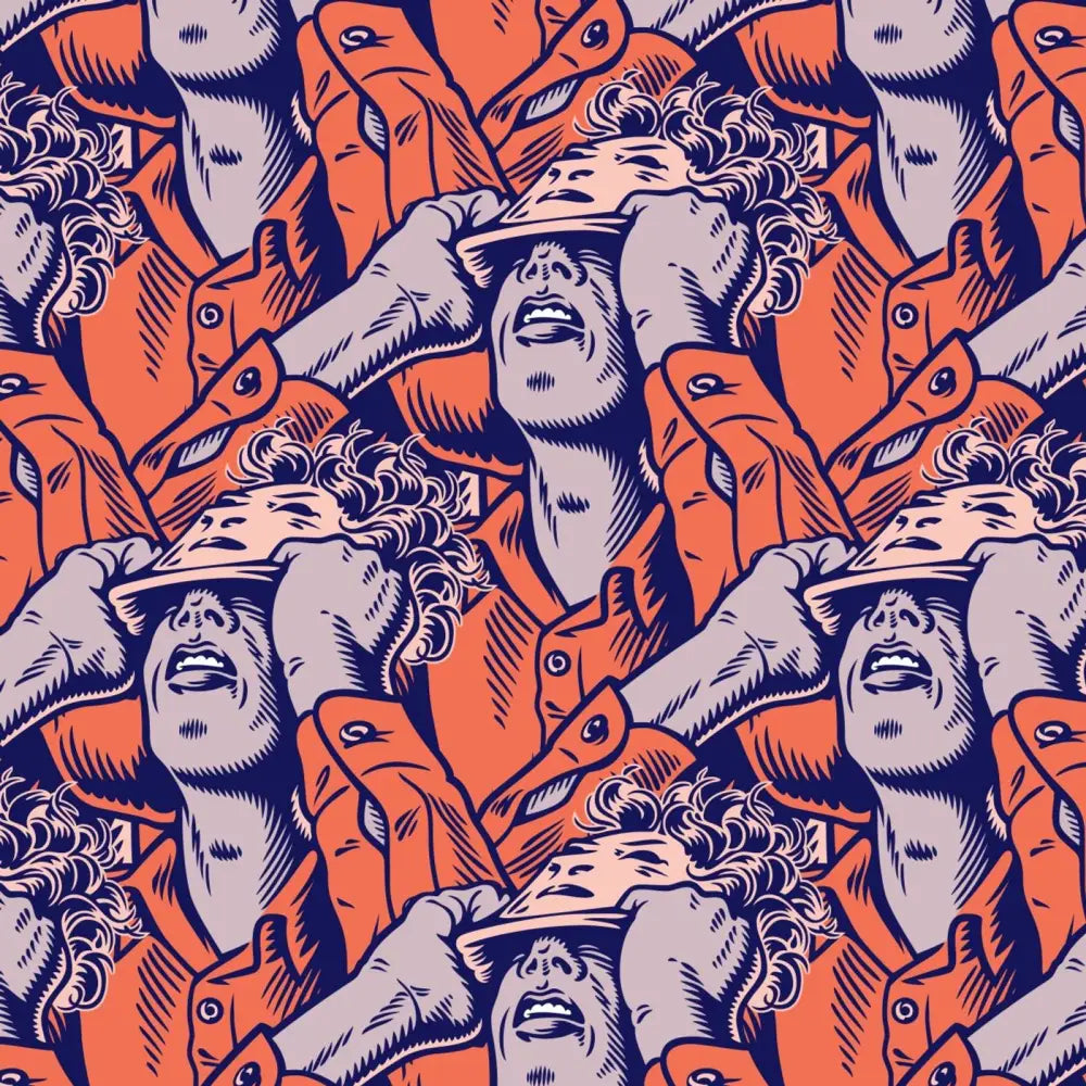 A repeating pattern of an individual appearing to be peeling off their own face, revealing another face beneath, in a graphic novel style with a blue, grey, and orange color scheme.
