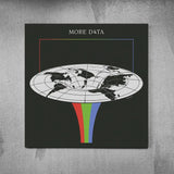 A black canvas print featuring a stylized map of the world as a data funnel with red, green, and blue streams.