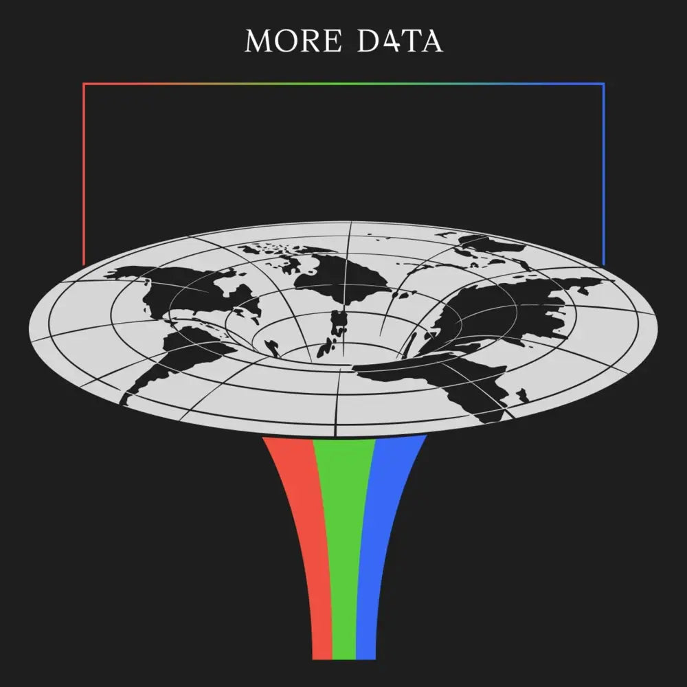 A stylized map of the world, shaped like a disc with a central hole, from which colored streams emerge.