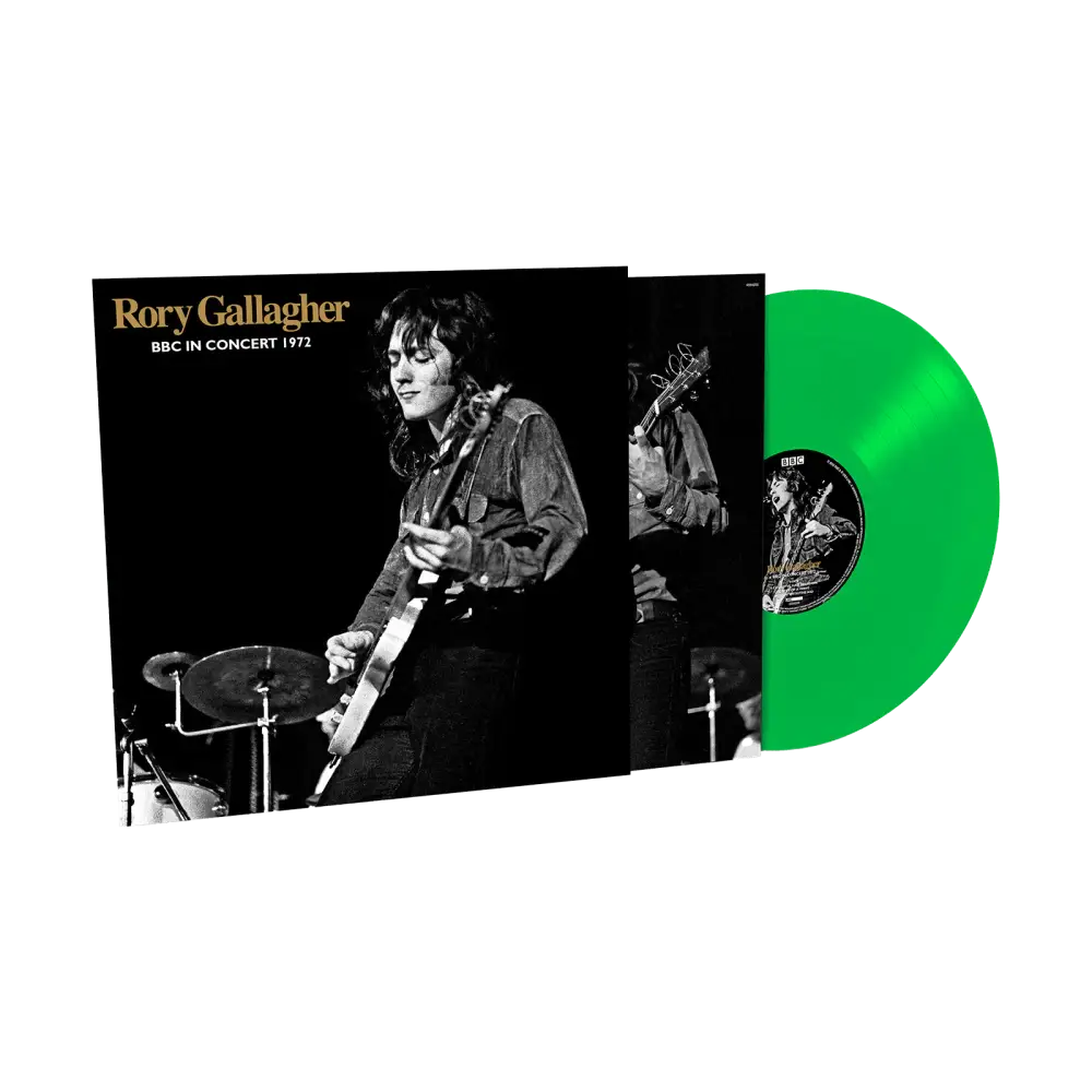 Green vinyl record with a black and white album cover featuring Rory Gallagher.