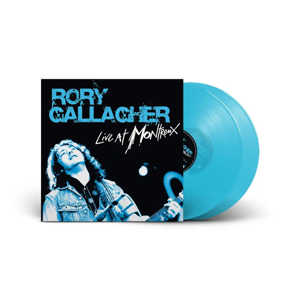 A Rory Gallagher ’Live at Montreux’ vinyl record in light blue.