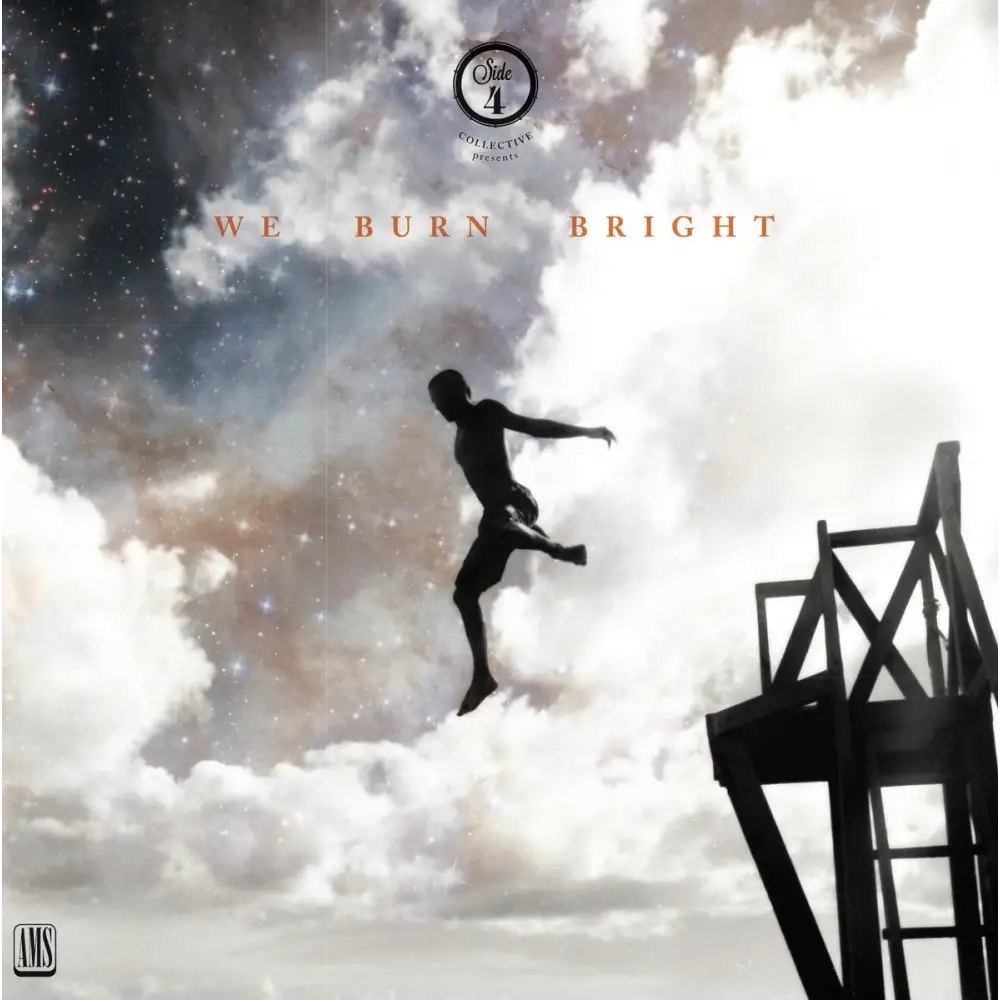 Album cover with a person jumping off a diving board into a starry, cloudy sky