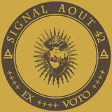 Circular emblem with heart and radiating lines.