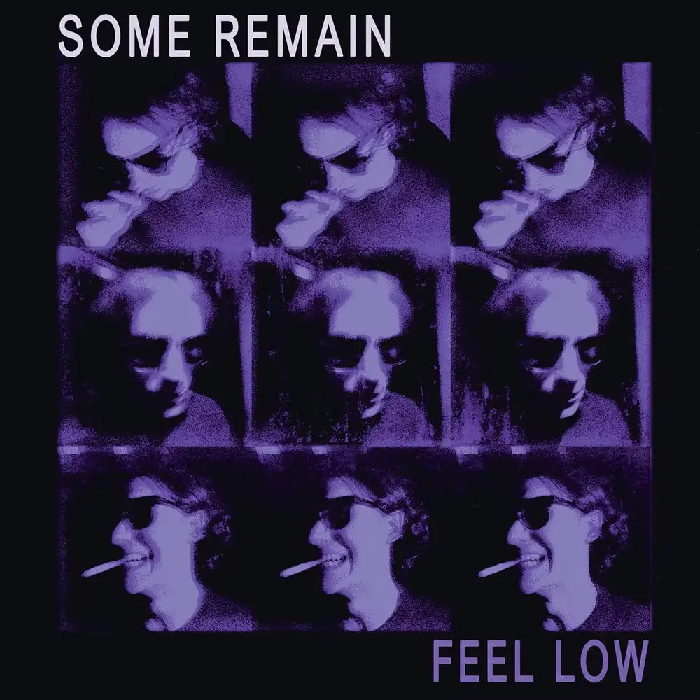 Album cover with a grid of nine purple-tinted, black-and-white photos of a person, some showing a cigarette.