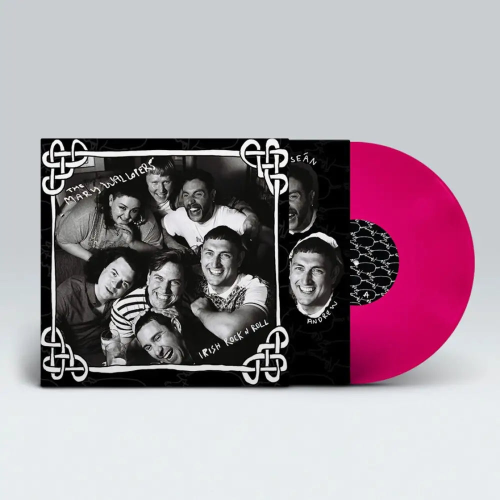 A vibrant pink vinyl record in a black and white album cover.