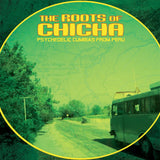 Va the roots of chicha 2lp album cover shows a vintage green bus and highlights peruvian cumbia vibes